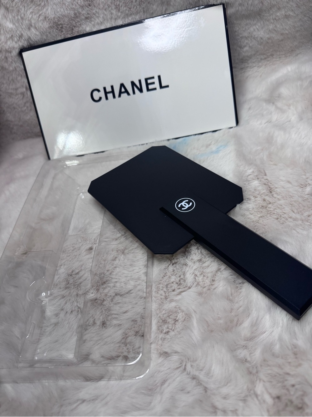 CHANEL Black Men’s Handheld Mirror with White Logo